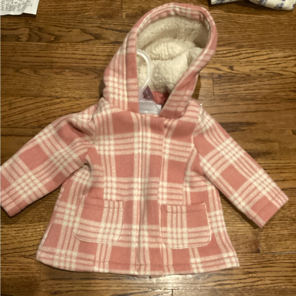 NWOT OLD NAVY GIRLS PINK & IVORY PLAID HOODED COAT SZ. 3-6 M